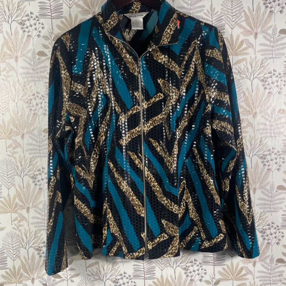 Misook Sequin Animal Print Jacket‎ Zip Front Black Teal Gold Large Made in Korea
